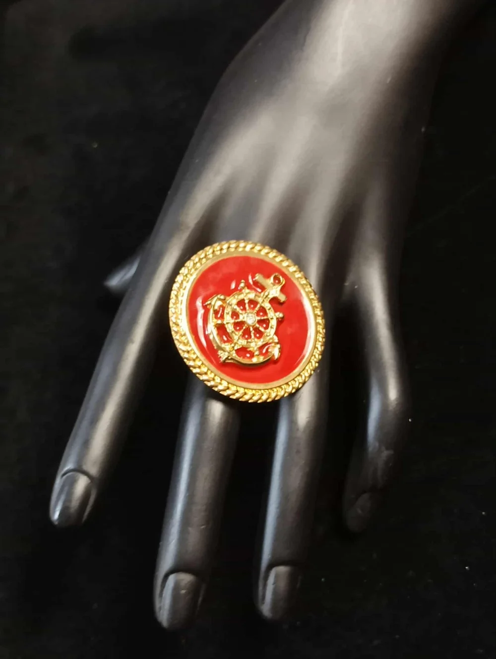 Vintage 80’s Nautical Ship Wheel Red Enamel Gold Tone Statement Ring Adjustable
